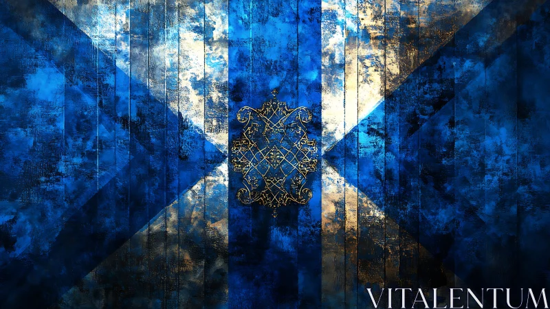 Distressed blue Scottish saltire with ornate gold emblem.