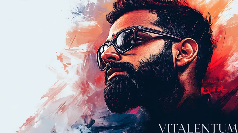Bearded man in sunglasses against abstract color field.