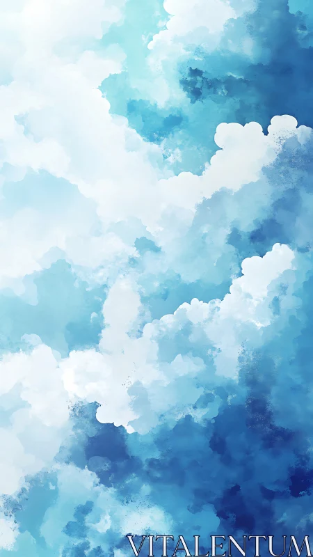 Celestial cloudscape in layered cyan to deep blue gradients.
