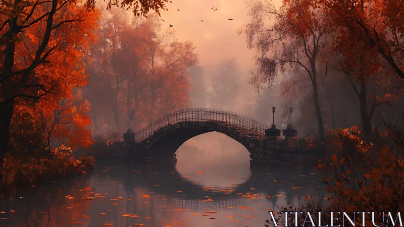 Stone arch bridge spans a misty autumn river at dusk
