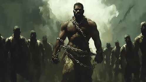 Powerful chained leader strides through misty battleground.