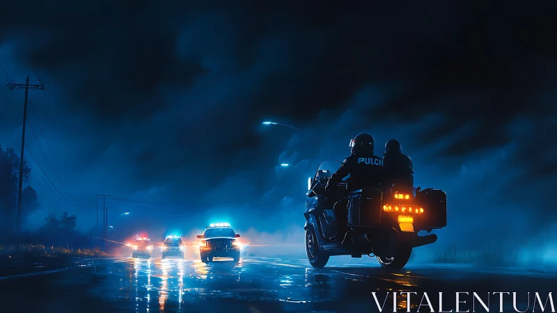 Police convoy races down wet highway through stormy night