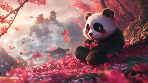 Soft-lit stylized panda among dense cherry blossoms in layered depth