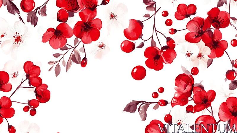 Red Floral Botanical Composition on White Background
