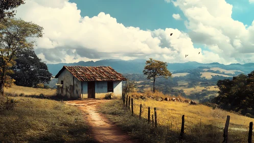 Rustic country cottage along winding ochre farm track.
