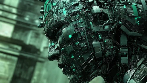 Cybernetic human profile merges circuitry and neon grids.