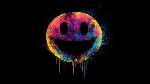 Neon CMYK smiley graffiti with paint drips on black field
