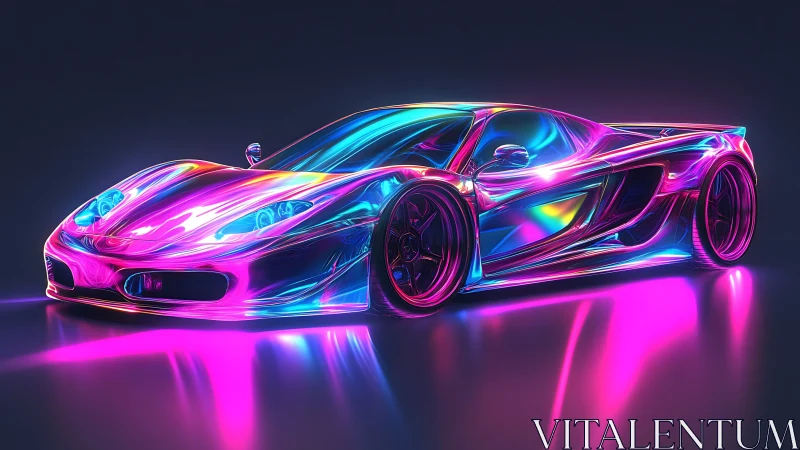 Neon supercar glows under iridescent cyberpunk lighting.