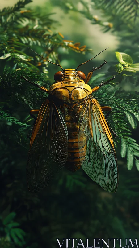 Golden cicada rests on fern with translucent veined wings.