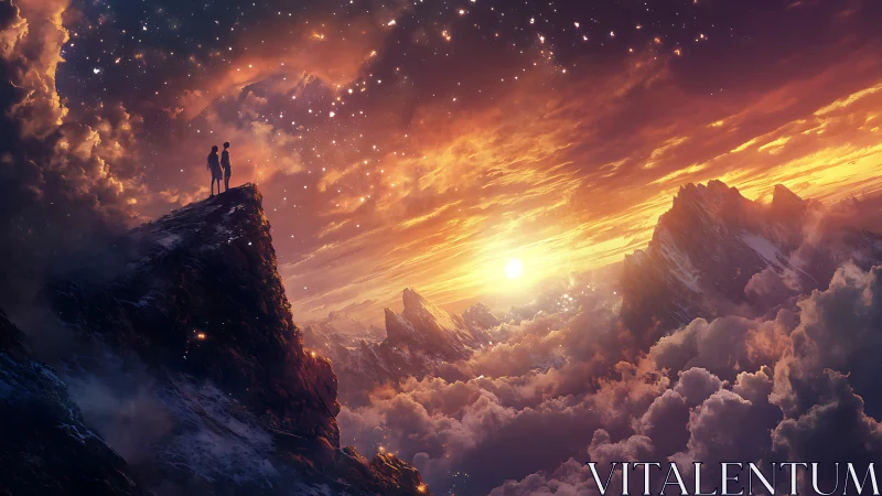 Stargazing wanderers on a cloud-swept ember horizon.