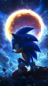 Sonic silhouette poised against incandescent cosmic eclipse