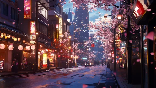Neon lit sakura avenue merges wet street reflections and dense signage