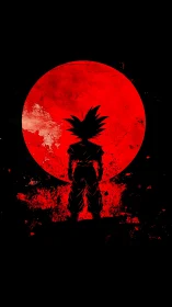 Warrior silhouette against blazing red moon backdrop.