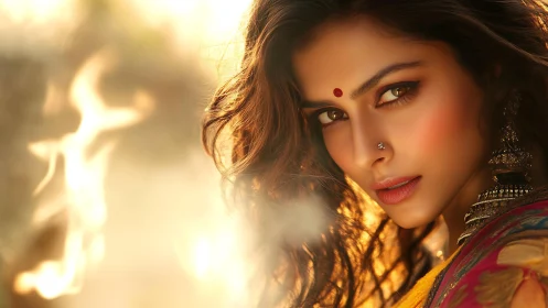 Portrait of woman in warm light with intense gaze.