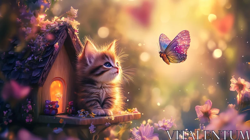 Fantasy kitten watches glowing butterfly in garden light.