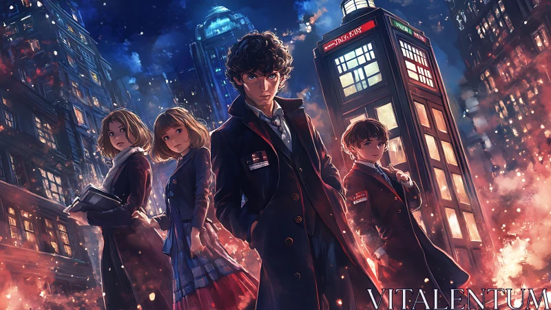 Teen sleuths confront burning city beside crimson callbox.