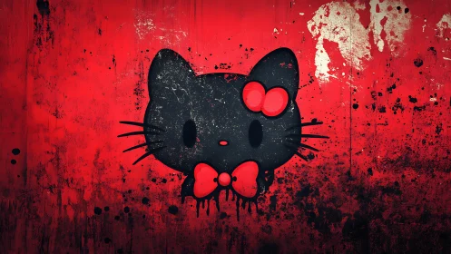 Grunge vector cat emblem on distressed crimson graffiti field.