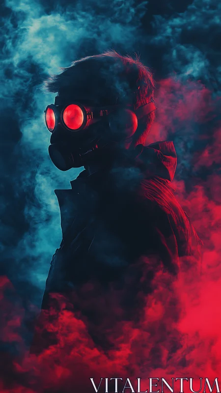 Neon dusk wanderer in red goggles and bi-color smoke.