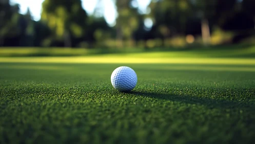 Peaceful golf ball resting on sunlit green fairway.