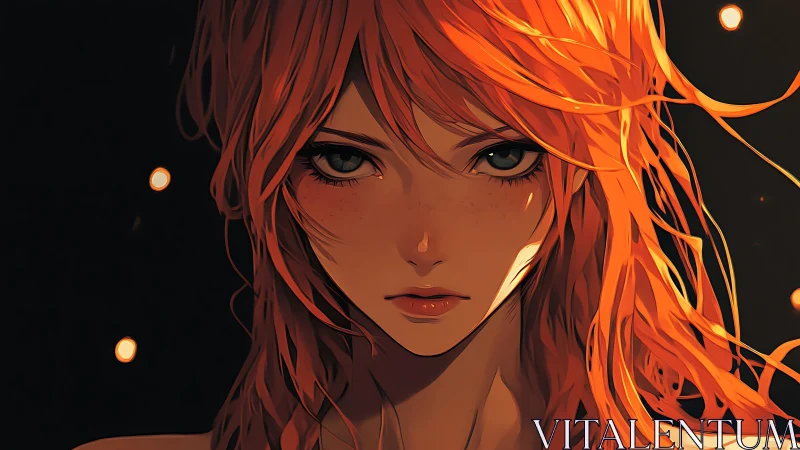 Luminous red-haired portrait with cinematic anime lighting.