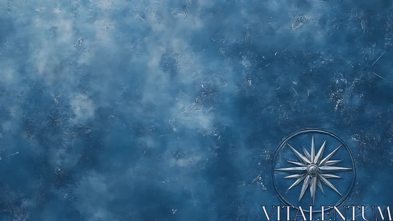 Blue textured surface with metallic compass emblem at edge.