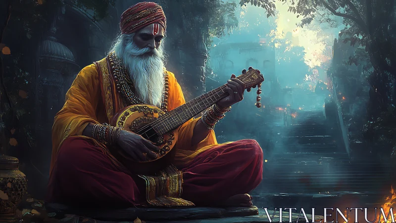 Mystic sage plays sitar in glowing forest shrine at dusk.
