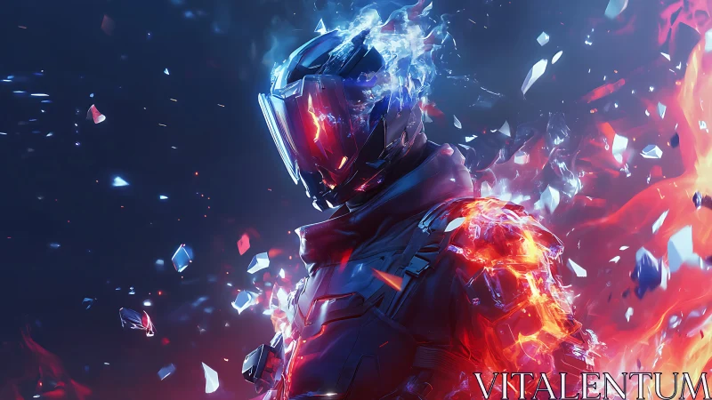 Sci fi armored figure with fire and ice energy effects.
