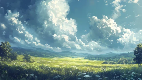 Sunlit summer meadow stretches beneath towering cloudscape