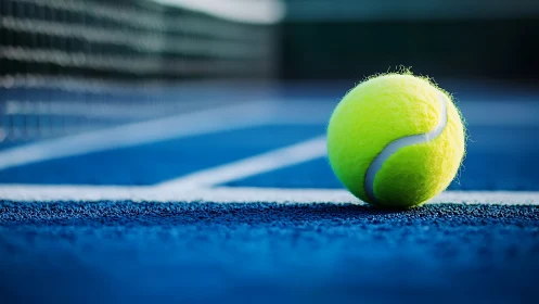 Close tennis ball on blue hard court with white lines.