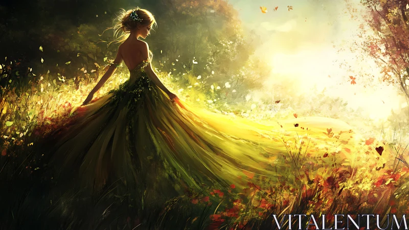 Sunlit forest maiden in flowing golden dress dissolves into meadow