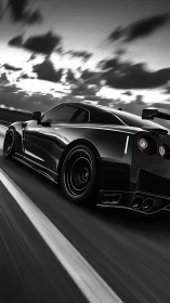 Black sports car speeding down highway at dramatic sunset.