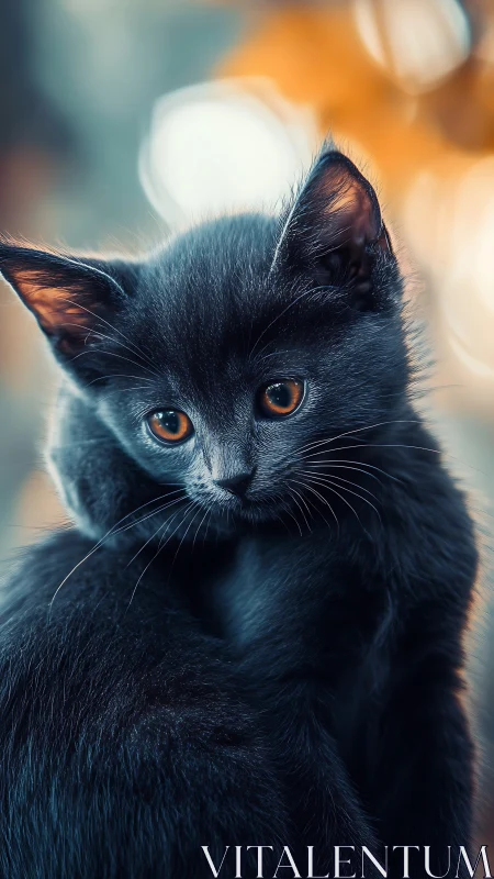 Black Cat with Amber Eyes Gazing Forward.