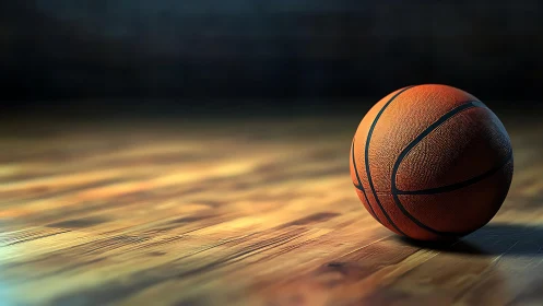 Basketball rests on polished indoor court under directional light