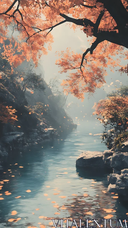 Whispering ember leaves over a glassy teal river hush.