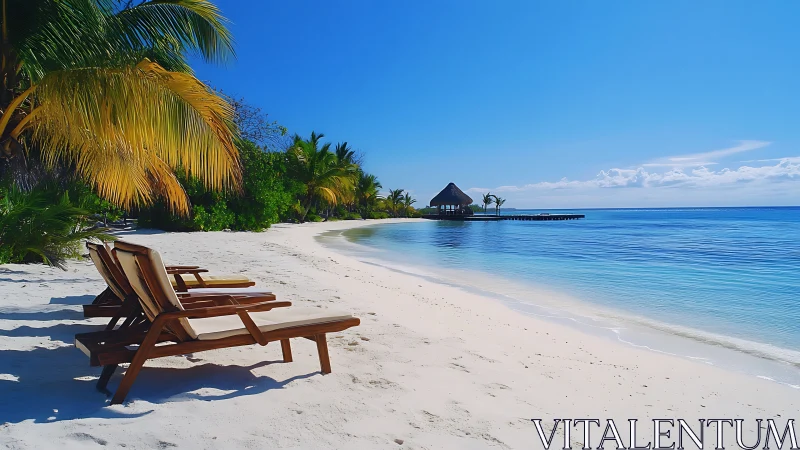 Maldivian Beach Resort with Lounge Chairs and Thatched Bungalow at Horizon