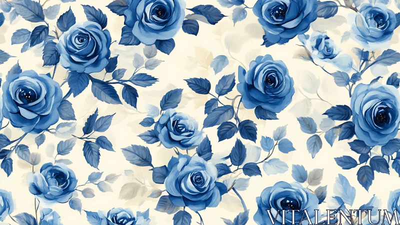 Blue Roses Pattern on Cream Background with Scattered Foliage