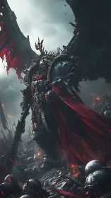 Winged warlord strides through ember-soaked battlefield storm.