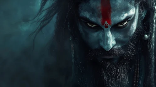 Intense blue‑skinned ascetic portrait with red forehead mark.