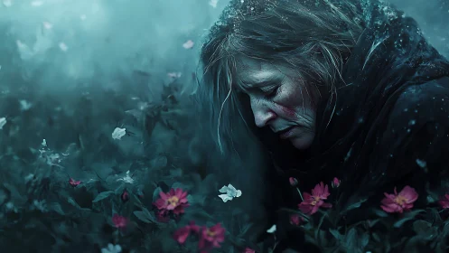 Older woman bends over wildflowers in cold blue light