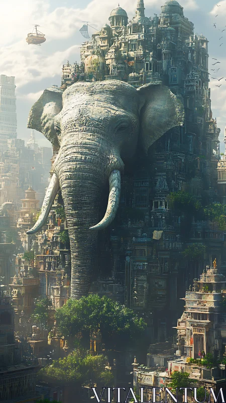 Colossal stone elephant citadel in vertical fantasy metropolis.