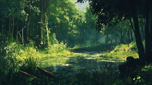 Luminous Forest Stream: Digital Landscape Rendering.