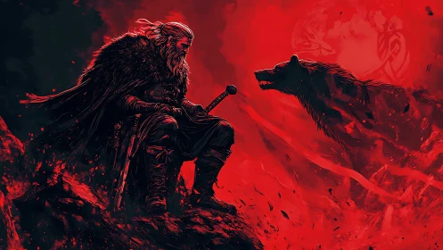 Viking warrior silhouette confronting spectral wolf under bloodmoon.