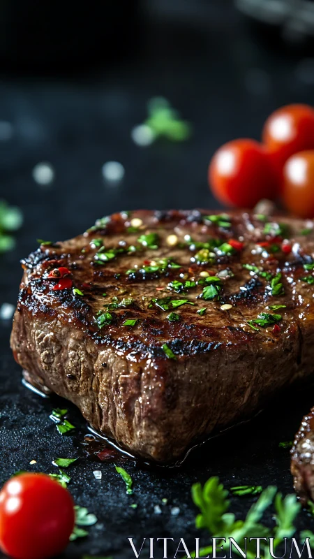 Grilled steak closeup on dark surface with herbs, tomatoes.