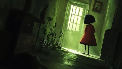 Quiet doorway moment with a curious child in soft light.