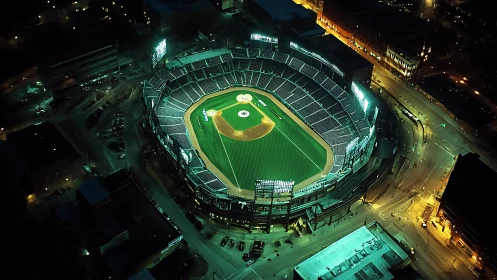 Empty night stadium hums softly under emerald floodlights