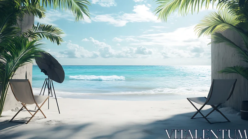 Minimalist tropical beach lounge under palm shade at noon.
