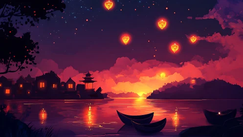 Neon Lanterns Float Above Twilight Riverside Sanctuary.