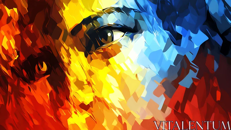 Digital painting portrait in fractured warm–cool chromatic planes.