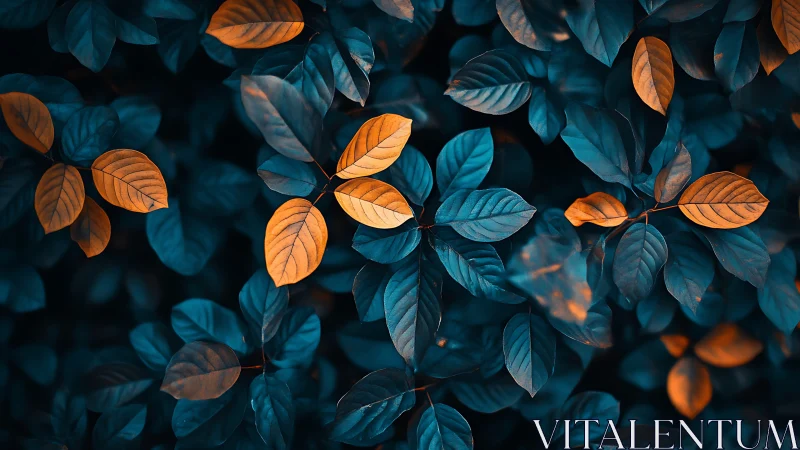 Teal foliage punctuated by glowing orange autumn leaves.