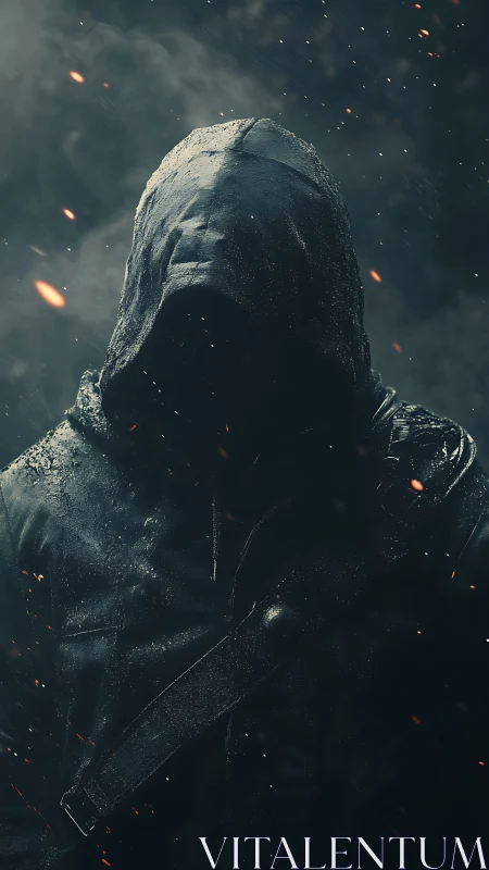 Hooded shadow figure in sparks and smoke atmosphere.